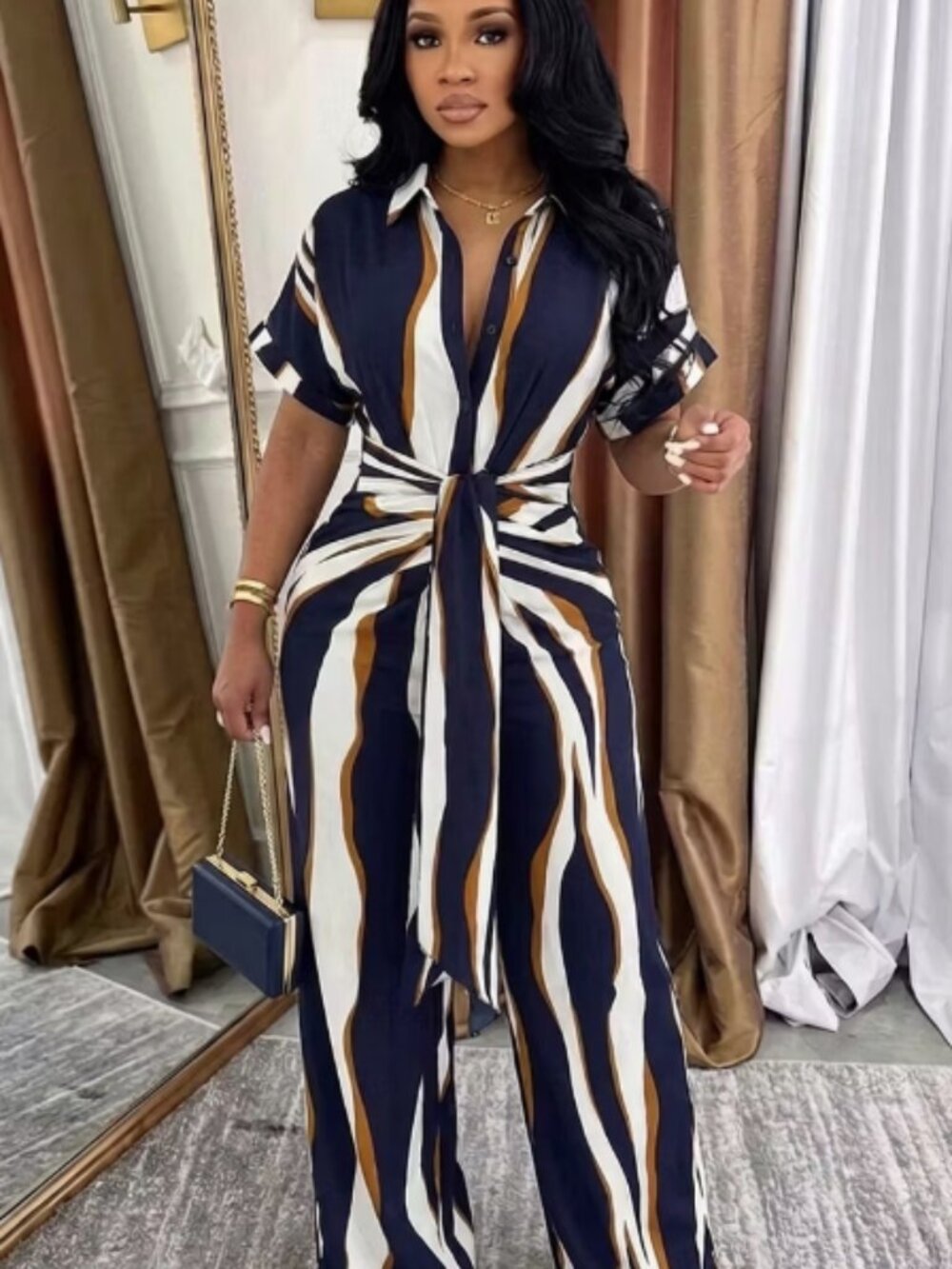 Multicolor Short Sleeve Wide Leg Casual Jumpsuit